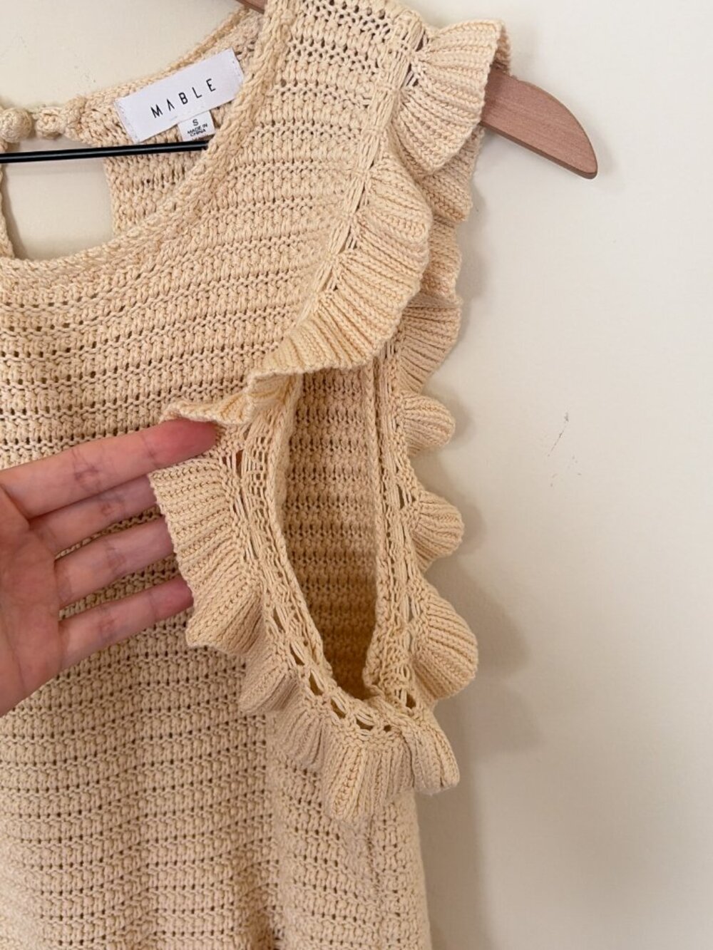 Mable Cream Ruffle Sleeveless Crew Neck Crochet Open Knit Top - Picture 3 of 6